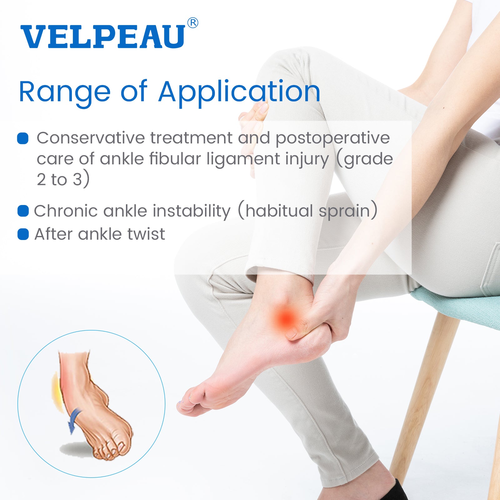 VP1501B VELPEAU Ankle Brace Stirrup Ankle Splint Adjustable Rigid Stabilizer for Sprains-Gel Pads Version